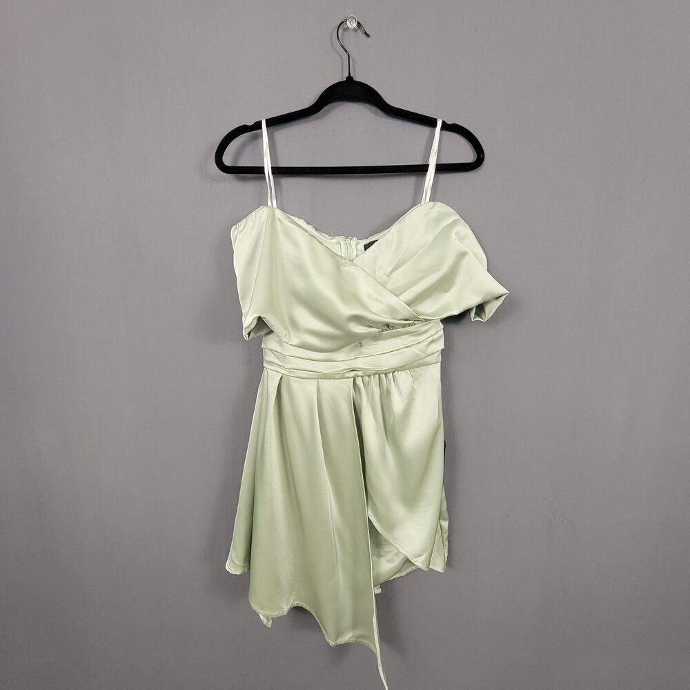 Lulus Satin Wrap Mini Dress S Sage Green Off Shoulder Wedding Guest Romantic